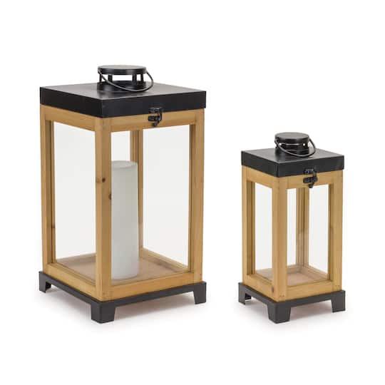 Wood Box Lantern on Metal Stand Set, 13&#x22; &#x26; 17&#x22;